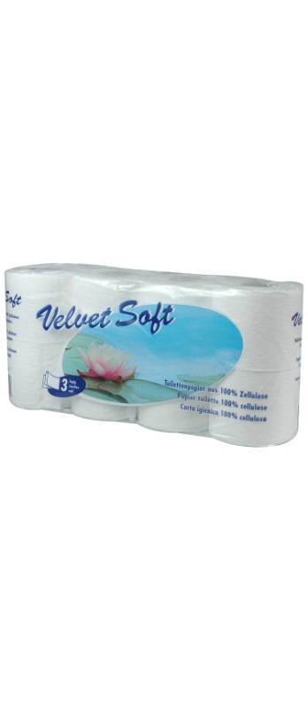 Toilettenpapier Velvet Soft 100% Zellstoff,
3-lagig, 9.5 x 12 cm
Carta WC Velvet